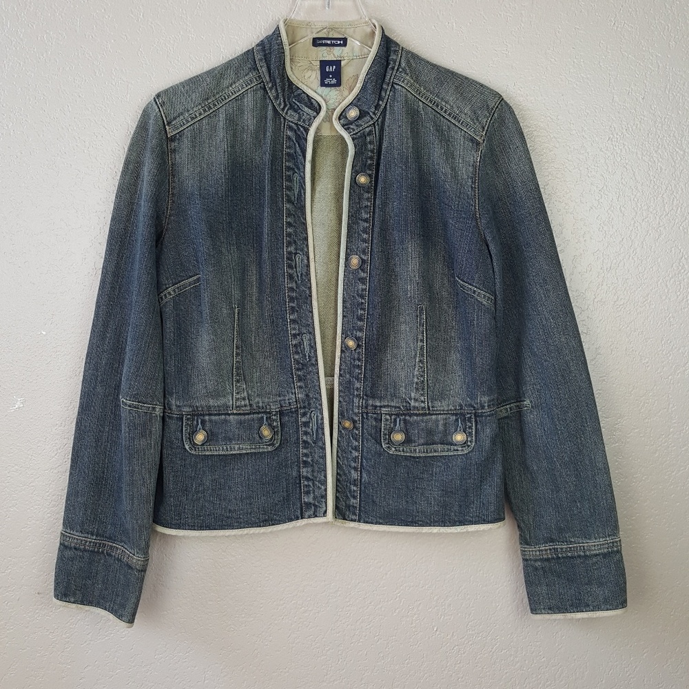 Vintage Gap Stretch Dip Dye Dark Denim Floral Trim Boho Mock Neck Jacket Coat S